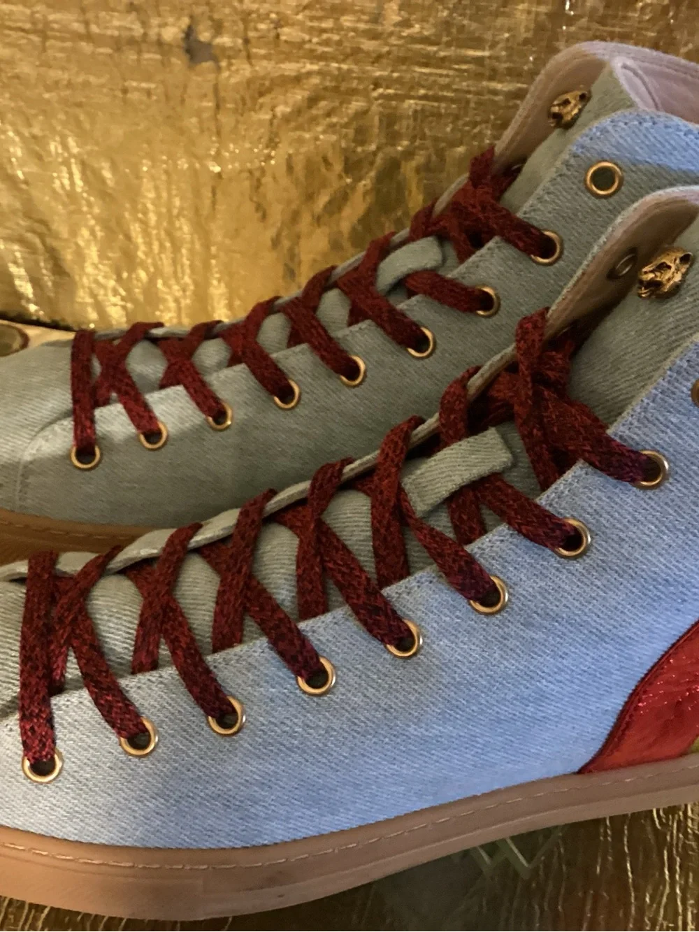 Gucci Light Blue Denim High-Top Sneakers with Red, Gold, Silver Accents